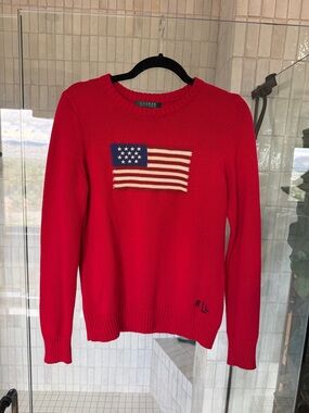 Ralph Lauren Red Crewneck Sweater with Flag Motif